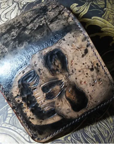 Handmade billfold leather wallet men skull tooled carved billfold wallet for him Free shipping wallets