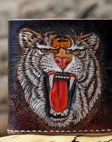 Handmade billfold leather Wallet on sale men tiger carved leather billfold Wallet on sale for men him