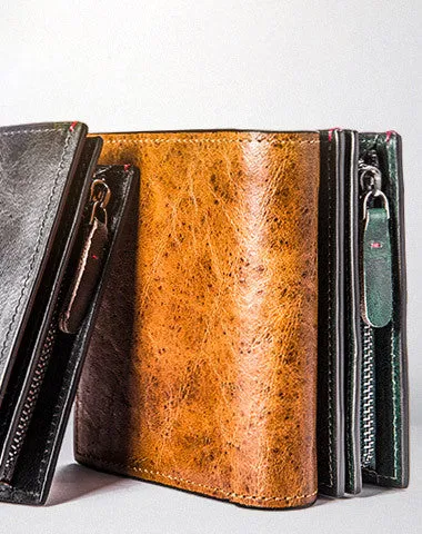Handmade billfold Wallet on sale leather men zip multi cards vintage Wallet on sale for men