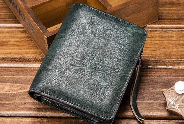 Handmade billfold wallet leather men zip multi cards vintage wallet for men