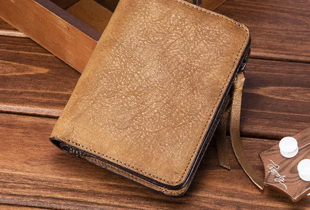 Handmade billfold wallet leather men zip multi cards vintage wallet for men