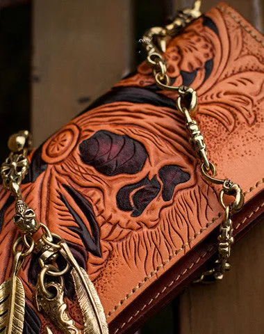 Handmade black leather indian skull carved biker wallet bifold Long wallet clutch for men Free shipping wallets
