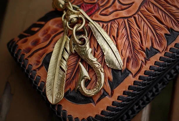 Handmade black leather indian skull carved biker wallet bifold long wallet for men