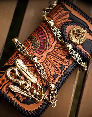 Handmade black leather indian skull carved biker wallet bifold long wallet for men Free shipping wallets