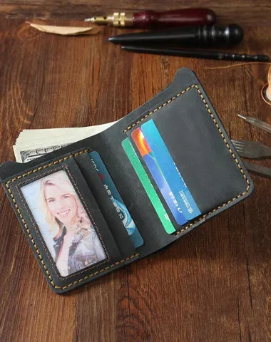 Handmade Black Leather Mens Billfold Wallet on sale Personalize Black Bifold Small Wallets on sale for Men
