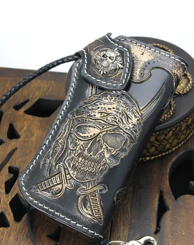 Handmade black leather punk skull pirate carved biker wallet Long wallet clutch for men Free shipping wallets