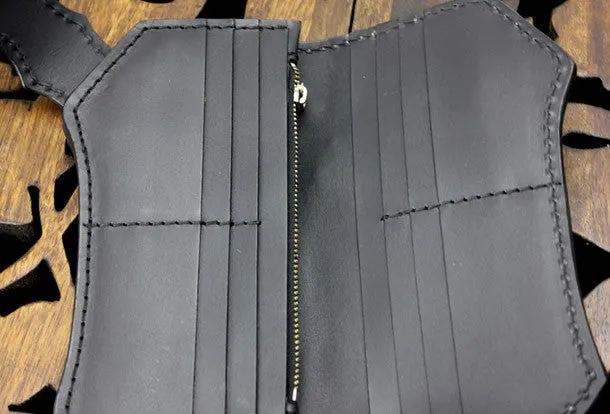 Handmade black leather punk vintage skull carved biker wallet Long wallet clutch for men