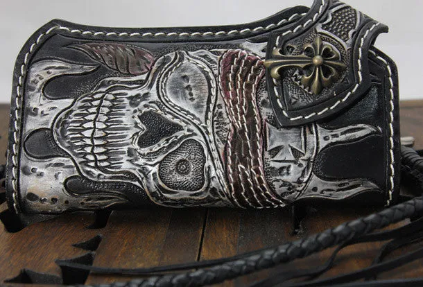 Handmade black leather punk vintage skull carved biker wallet Long wallet clutch for men