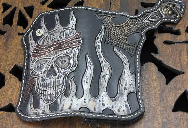 Handmade black leather punk vintage skull carved biker wallet Long wallet clutch for men