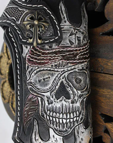 Handmade black leather punk vintage skull carved biker wallet Long wallet clutch for men Free shipping wallets