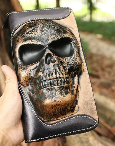Handmade Black Leather Tooled Relief Skull Long Wallet Cool Skull Zipper Clutch Wristlet Wallet for Men Free shipping wallets
