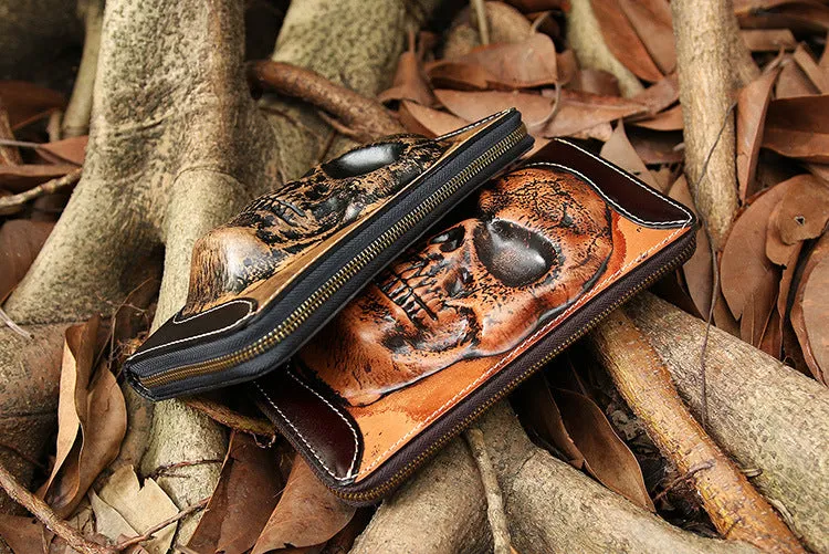 Handmade Black Leather Tooled Relief Skull Long Wallet Cool Skull Zipper Clutch Wristlet Wallet for Men
