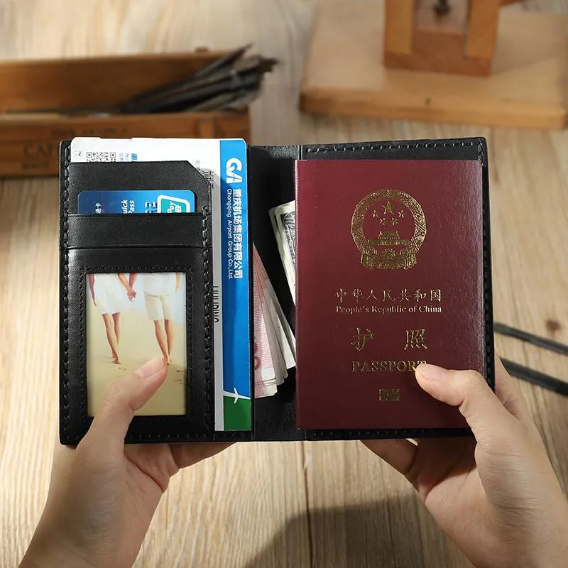 Handmade Black Mens Slim Travel Billfold Wallets on sale Personalized Leather Passport Wallet on sale for Men