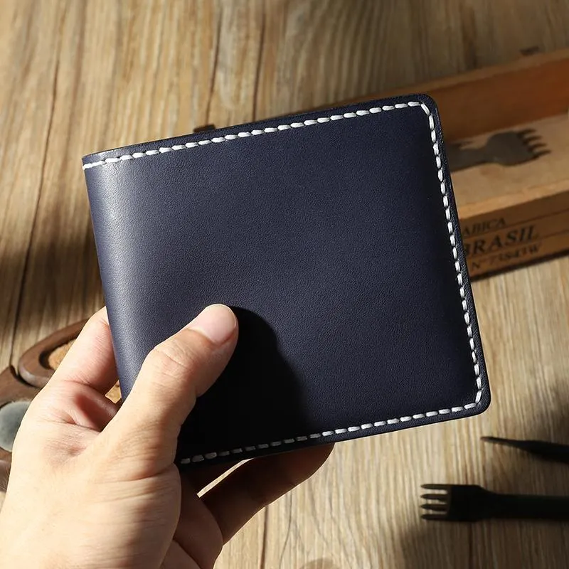Handmade Blue Leather Billfold Wallet on sale Personalized Mens Contrast Color Wallets on sale for Men