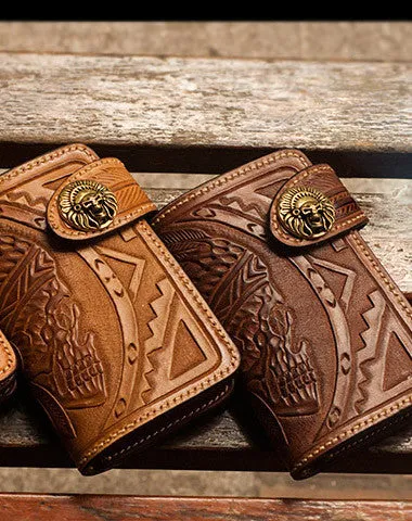 Handmade brown leather indian skull carved biker Wallet on sale bifold billfold Wallet on sale for men