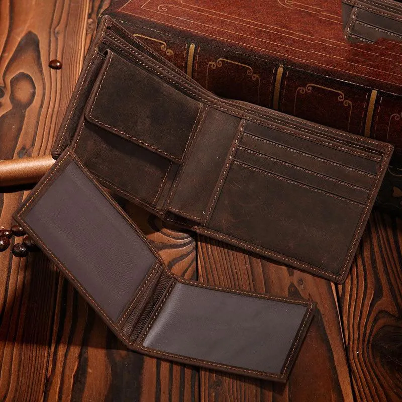 Handmade Brown Leather Mens Bifold Billfold Wallets on sale With Coin Pocket Small Wallet on sale for Men
