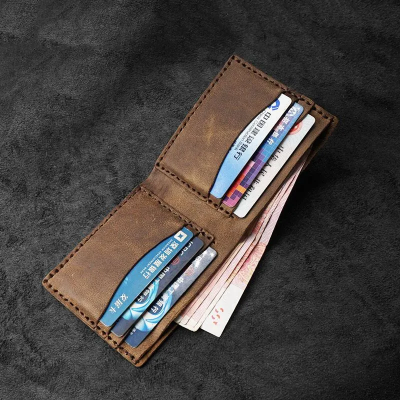Handmade Brown Leather Mens Billfold Wallets on sale Slim Brown Bifold Small Wallets on sale for Men