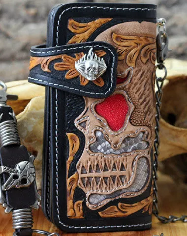 Handmade chain wallet biker wallet leather punk skull carved biker wallet chian Long wallet clutch for men Free shipping wallets