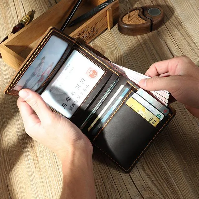 Handmade Coffee Leather Mens Trifold Billfold Personalized Trifold Small Wallets on sale for Men
