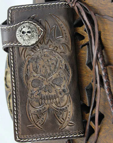 Handmade coffee leather punk Halley skull carved biker wallet Long wallet clutch for men Free shipping wallets