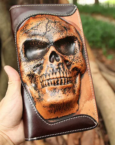 Handmade Coffee Leather Tooled Relief Skull Long Wallet Cool Skull Zipper Clutch Wristlet Wallet for Men Free shipping wallets