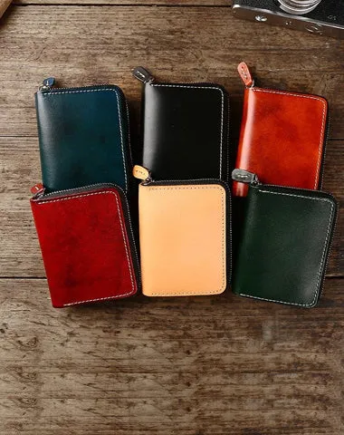Handmade Cool Mens Leather Zipper Red Small Wallet on sale Green Bifold billfold Wallet on sale for Men