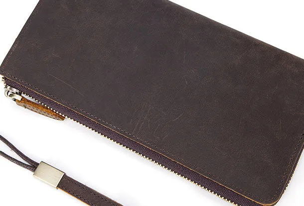 Handmade Genuine Leather Long Wallet Zip Bifold Wallet Purse Clutch Bag For Mens