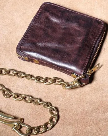 Handmade Genuine Leather Mens Chain Biker Wallet on sale Cool Zipper Leather Wallet on sale Bifold billfold Wallets on sale