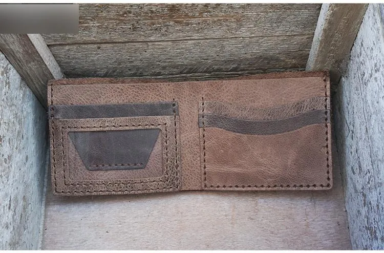 Handmade Khaki Leather Mens Bifold Billfold Wallets Slim Khaki Small Wallet for Men