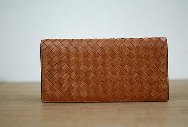 Handmade knit vintage leather clutch bag long wallet multi ID card holders slots for men
