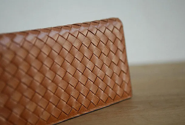 Handmade knit vintage leather clutch bag long wallet multi ID card holders slots for men