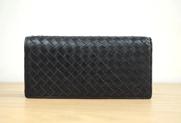 Handmade knit vintage leather clutch bag long wallet multi ID card holders slots for men