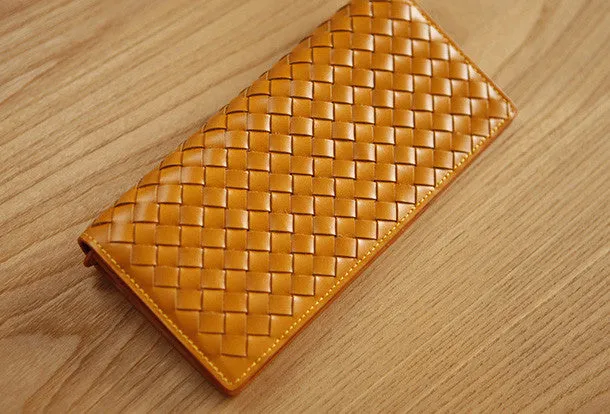 Handmade knit vintage leather clutch bag long wallet multi ID card holders slots for men