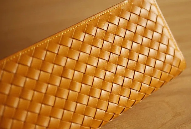 Handmade knit vintage leather clutch bag long wallet multi ID card holders slots for men
