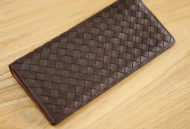 Handmade knit vintage leather clutch bag long wallet multi ID card holders slots for men