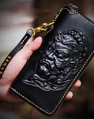 Handmade Leather Acalanatha Mens Tooled Chain Biker Wallet Cool Leather Wallet Long Clutch Wallets for Men Cyber Monday wallet sale