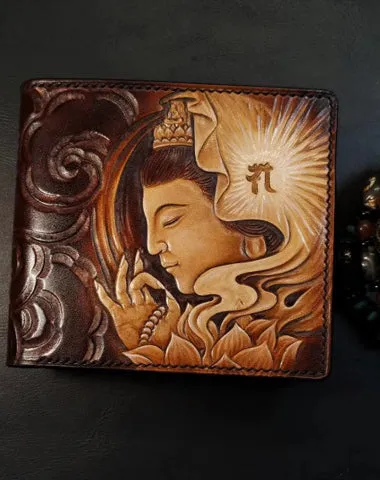 Handmade Leather Avalokitesvara Tooled Mens billfold Wallet on sale Cool Leather Wallet on sale Slim Wallet on sale for Men