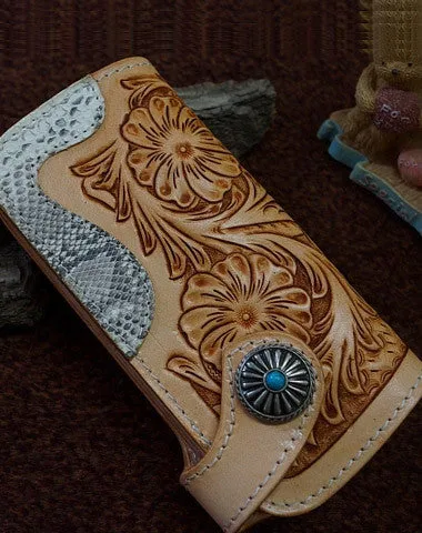 Handmade leather beige biker wallet floral carved chian bifold Long wallet purse for men Cyber Monday wallet sale