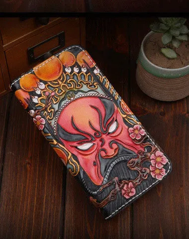Handmade leather Beijing opera makeup general wallet leather zip men Long Clutch Tooled wallet Cyber Monday wallet sale