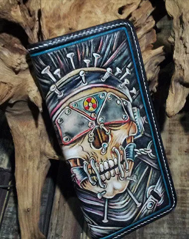 Handmade leather Biker trucker long Megadeth skull wallet leather men Black Carved Tooled wallet Free shipping wallets