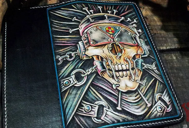 Handmade leather Biker trucker long Megadeth skull wallet leather men Black Carved Tooled wallet