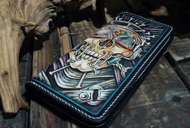 Handmade leather Biker trucker long Megadeth skull wallet leather men Black Carved Tooled wallet
