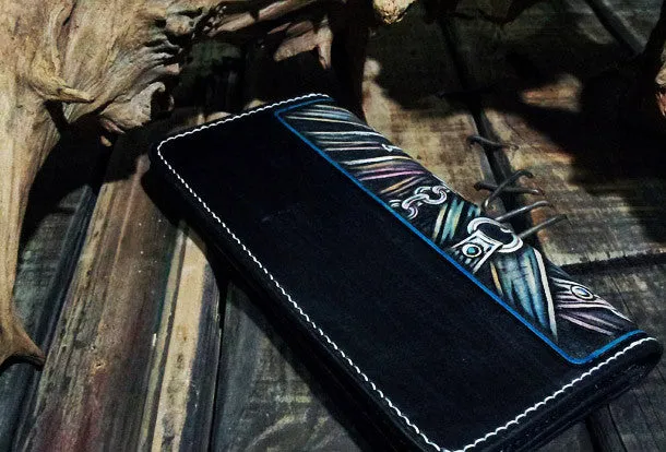 Handmade leather Biker trucker long Megadeth skull wallet leather men Black Carved Tooled wallet