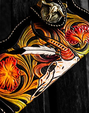 Handmade leather biker trucker wallet black skull floral leather chain men Carved Tooled wallet Free shipping wallets
