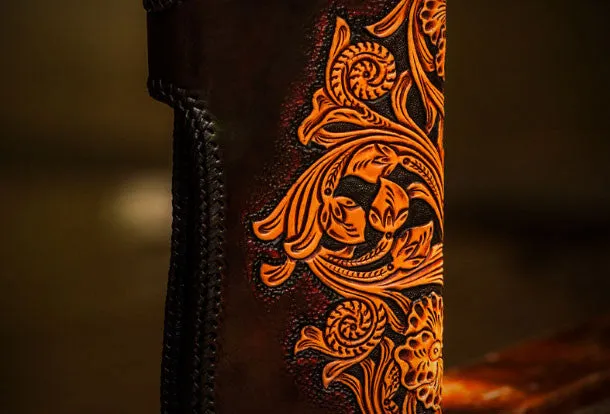 Handmade leather biker trucker wallet black skull leather chain men Tooled wallet