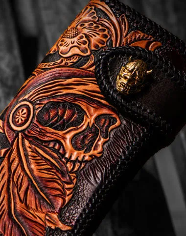 Handmade leather biker trucker wallet black skull leather chain men Tooled wallet Free shipping wallets
