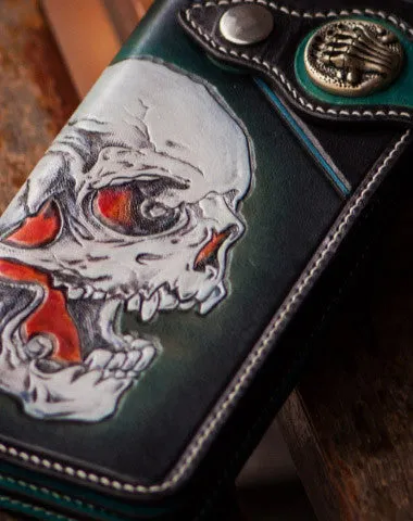 Handmade leather biker trucker wallet green skull leather chain men wallet Free shipping wallets