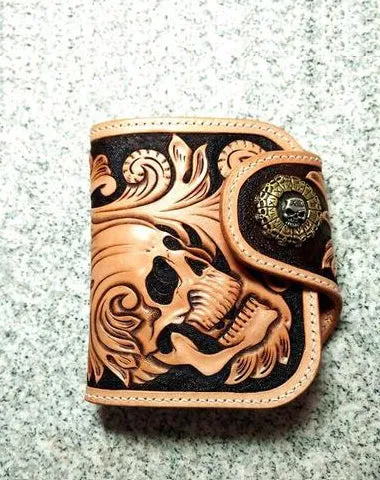 Handmade Leather billfold Tooled Skull Biker Wallet on sale Mens Wallet on sale With Chain Wallet on sale Biker Wallet on sale for Men