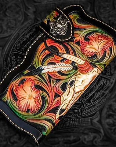Handmade Leather Black Mens Tooled Skull Chain Biker Wallet Cool Leather Wallet Long Clutch Wallets for Men Free shipping wallets