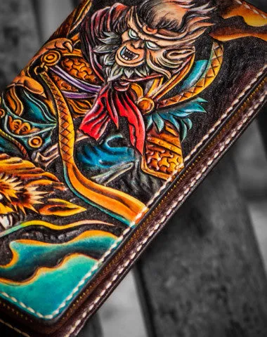 Handmade leather black monkey king biker wallet clutch zip long wallet brown leather men Tooled Cyber Monday wallet sale